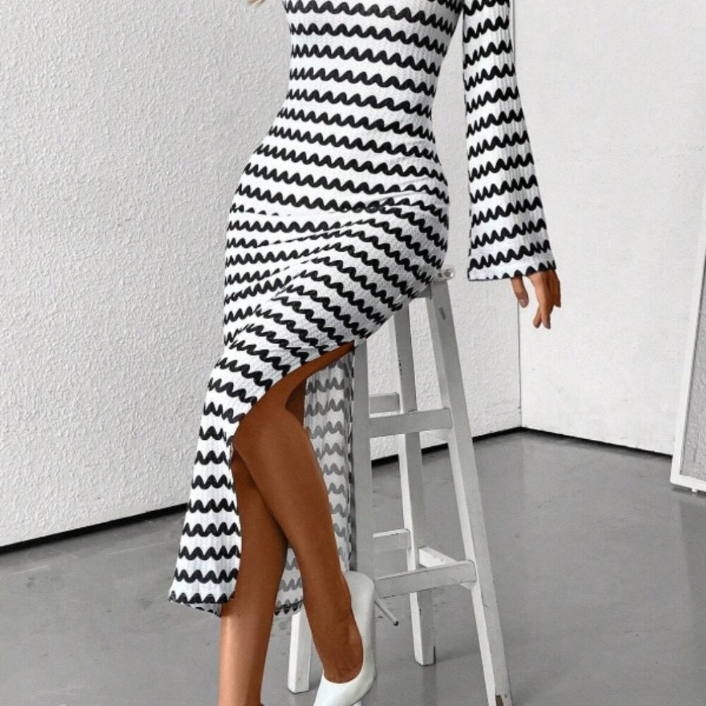 NEW! Size L Striped Jacquard Long Elegant Knit Dress